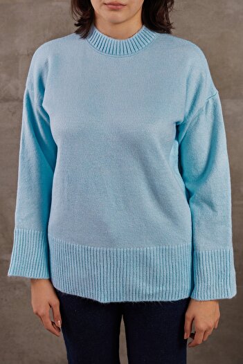 Caddebostan Moda Pulover lung de tricotaj oversize cu mâneci joase pentru femei, albastru