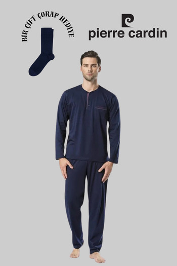 Pierre Cardin Men's Navy Blue Cotton Dowry Boxed Set of 2 Pajama Sets (1 Pair of Socks as a Gift)