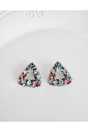 DEVİ fashion Evening Dress Triangle Zircon Stone Colorful Earrings 3 cm