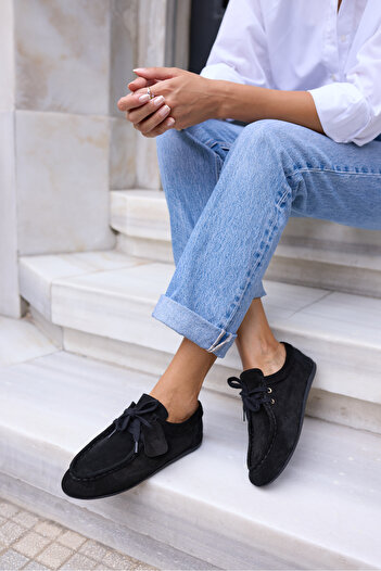 ANGELİNA JONES Poet Women's Black Genuine Leather Suede Loafer Shoes