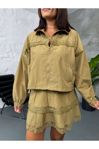 Elif Özbey Butik Olive Guipure Detailed Skirt Suit