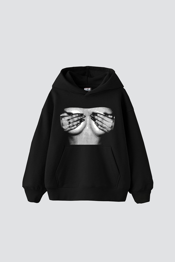 Sekizbiraltı Silhouette Boobs V2 Μαύρο φούτερ με κουκούλα με στάμπα Oversize Unisex