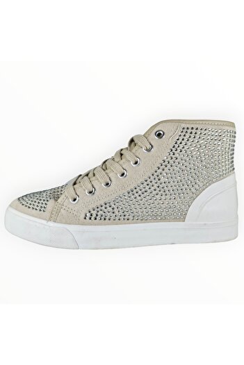 JustFab Hi-Top Women's Shoes Just Fab Suedette Beige with Crystal Applicates Size 36.5 EU