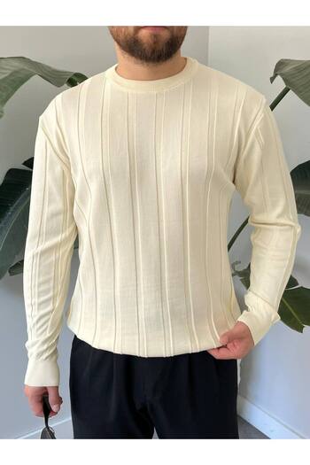 Gambocci Men's Crew Neck Half Oversize Wide Self-Striped Knitwear Sweater