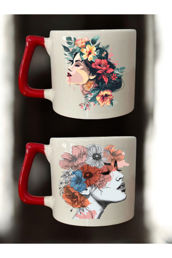 lili hediyelik Flower Haired Woman Printed 2-Piece Coffee Cup Ceramic Mug - Ceramic Tea, Coffee Gift Cup