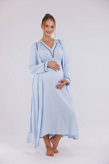 Yulem Homewear Mavi Biyeli Uzun Kollu Pamuklu Hamile Lohusa Sabahlıklı Pijama Takım ve Gecelik 4'lü Set