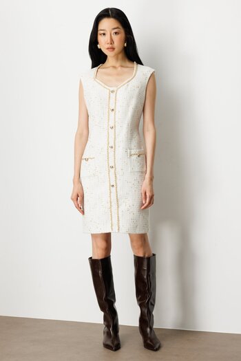 Ekol Chain Detailed Midi Tweed Dress 4001-25K Ecru