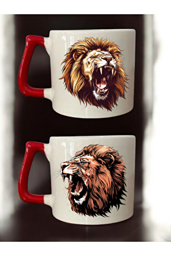 lili hediyelik Wild Lion Printed Set of 2 Coffee Cups Ceramic Mug - Ceramic Tea, Coffee Gift Cup