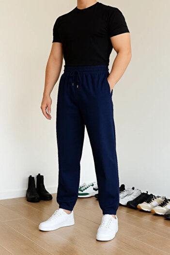 COMBİNE MİCHAİL Men's Elastic Waist Casual Navy Linen Trousers