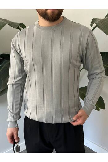 Gambocci Men's Crew Neck Half Oversize Wide Self-Striped Knitwear Sweater