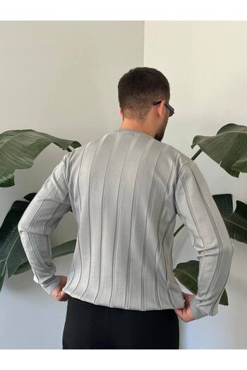 Gambocci Men's Crew Neck Half Oversize Wide Self-Striped Knitwear Sweater