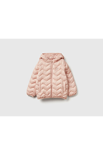 United Colors of Benetton Girl baby powder pink glitter logo embroidered hooded seasonal thin coat