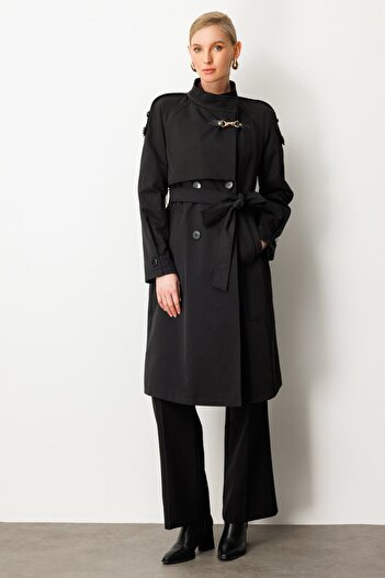 Ekol Turtleneck Belted Trench Coat 7003-25K Black