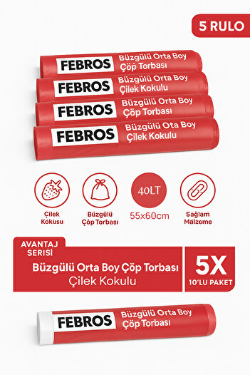 Febros 40 Lt ( 5 PAKET ) Avantaj Paket Orta Boy Çilek Kokulu Büzgülü Çöp Poşeti Çöp Torbası 50 Adet