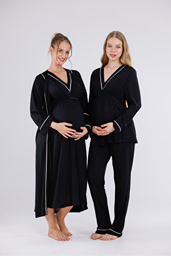 Yulem Homewear Black Piping Long Sleeve Cotton Maternity Pajama Set and Nightgown 4-Piece Set