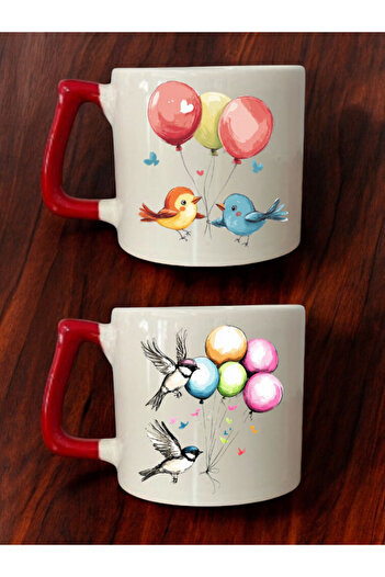 lili hediyelik Birds Balloon Drawing Printed Set of 2 Coffee Cups Ceramic Mug - Ceramic Tea, Coffee Gift Cup