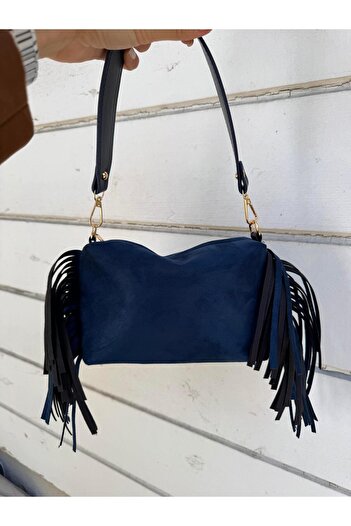 Tina İstanbul Tasseled Suede Double Strap Women's Hand and Shoulder Bag Navy Blue