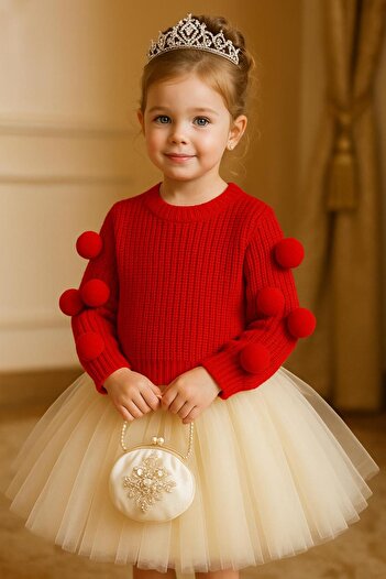 meriç bebe - bütün çocuklar melektir. mrc Girl's Oversized Knit Sweater – Seamless, with Pom-Pom Detail, 2-7 Years Old, Domestic Production