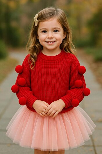 meriç bebe - bütün çocuklar melektir. mrc Girl's Oversized Knit Sweater – Seamless, with Pom-Pom Detail, 2-7 Years Old, Domestic Production