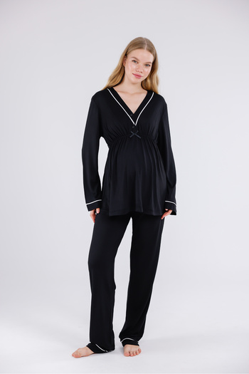 Yulem Homewear Black Piping Long Sleeve Cotton Maternity Pajama Set and Nightgown 4-Piece Set