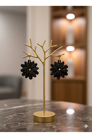 Lu Atelier Onyx Bloom Handmade Earrings |   Gold Glitter Black Flower Earrings |   Minimalist Design