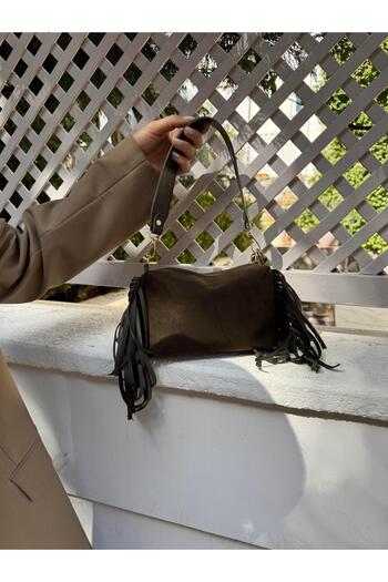 Tina İstanbul Tasseled Suede Double Strap Women's Hand and Shoulder Bag Khaki