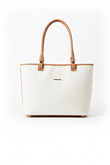 Just Polo Women's Large Size Water Resistant White Tan Lacoste Fabric 4 Compartment Hand and Shoulder Bag Pbu2170