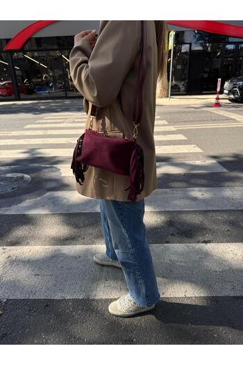 Tina İstanbul Tasseled Suede Double Strap Women's Hand and Shoulder Bag Burgundy