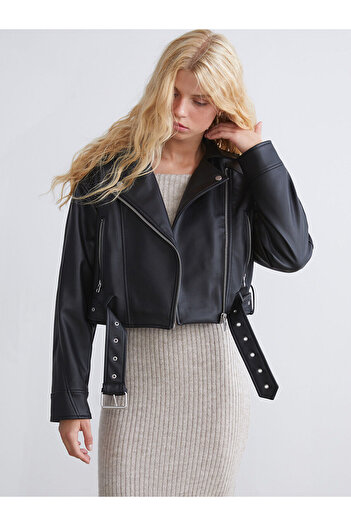 LC Waikiki Black Biker Collar Women's Leather Look Jacket