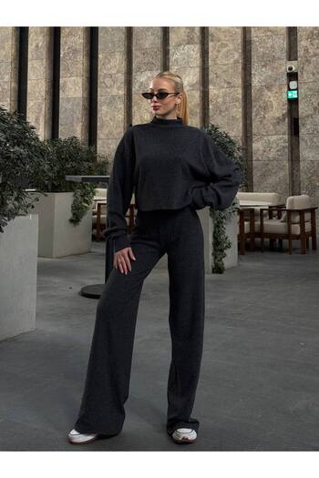 Le Savu Sevunera Yumoş Knitwear Woven Stand Collar Anthracite Colored Double Suit