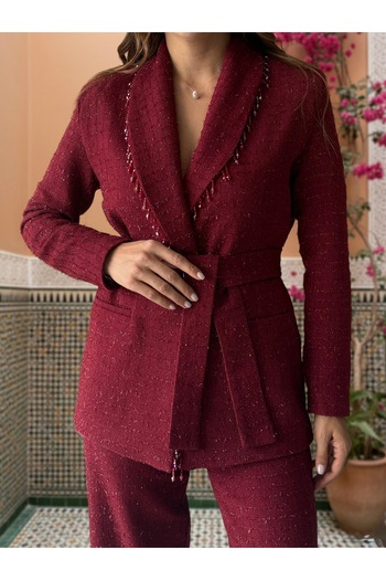 1Moda1Tarz Imported Tweed Fabric Tassel Beaded Embroidered Belted Lined Special Design Top and Bottom Set