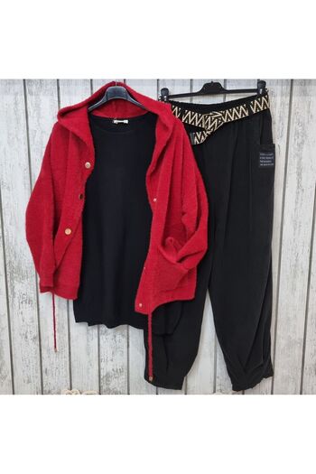 pudubutik Red Soft Furry Hooded Cardigan Jacket