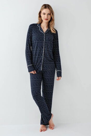 Arnetta Shirt Collar Pajama Set, Button Front, Striped, Long Sleeve, 50% Cotton & 50% Modal
