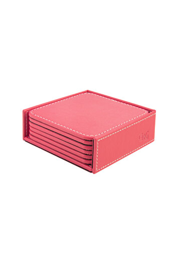 2K Coasters, Set of 6, Desktop Square Cup Coaster, Vegan Faux Leather, 11X11 Cm., Fuchsia