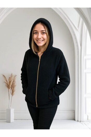 MİLAYS LİFE HOME COLLECTİON Women's Welsoft Lamb Jacket with Pockets, Hooded and Zippered