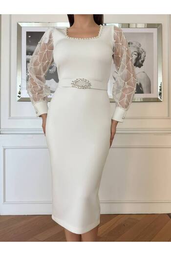 369 etnik butik Pearl Embroidered Tulle Sleeve Belted Midi Dress