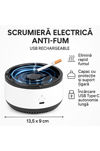 verk group Electric Ashtray with Fan, USB Type-C, Portable, Anti-Smoke, Rechargeable, White