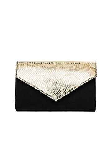 ANNA FELLINI Women's Leather Bag, ANNA FELLINI, Small Clutch, Black Suede with Beige-Gold Snake