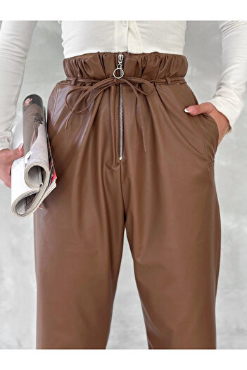 soonaksesuar Self-thin belted leather pants coffee t1178