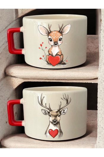 lili hediyelik Cute Heart Deer Printed 2-Piece Coffee Cup Ceramic Mug - Ceramic Tea, Coffee Gift Cup