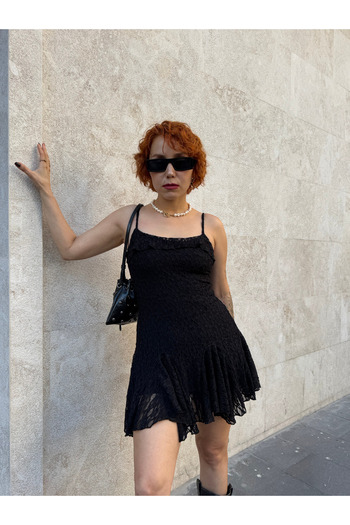 Bak'ap Premium Lace Ruffled Flounce Extra Mini Lace Strap Dress