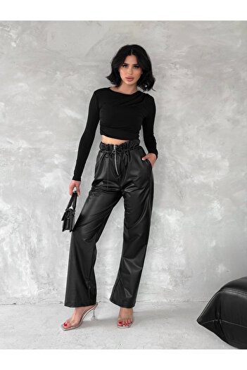 soonaksesuar Self Thin Belt Leather Pants Black T1178