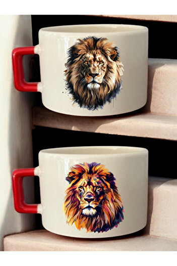 lili hediyelik Lion Theme Printed 2-Piece Coffee Cup Ceramic Mug - Ceramic Tea, Coffee Gift
