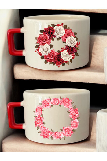 lili hediyelik Flower Circle Printed 2-Piece Coffee Cup Ceramic Mug - Ceramic Tea, Coffee Gift