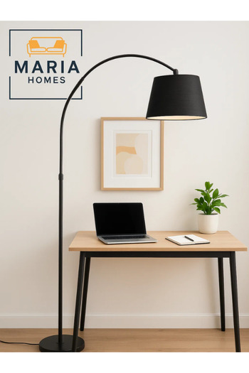MARIA HOMES Modern Black Arc Floor Lamp with Black Fabric Shade – Stylish Standing Light