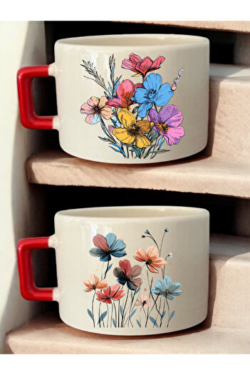 lili hediyelik Flowers Bouquet Printed 2-Piece Coffee Cup Ceramic Mug - Ceramic Tea, Coffee Gift