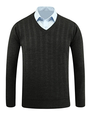 Çizgi Triko Men's V-Neck Knitwear Sweater Steel Knit Patterned Classic Fit