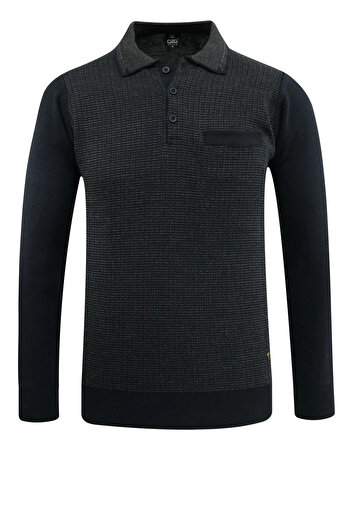 Çizgi Triko Men's Polo Neck Sweater with Pockets, Patterned Steel Knit, Classic Fit