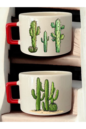 lili hediyelik Cacti Drawing Printed 2-Piece Coffee Cup Ceramic Mug - Ceramic Tea, Coffee Gift