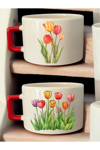 lili hediyelik Flower Drawing Printed 2-Piece Coffee Cup Ceramic Mug - Ceramic Tea, Coffee Gift